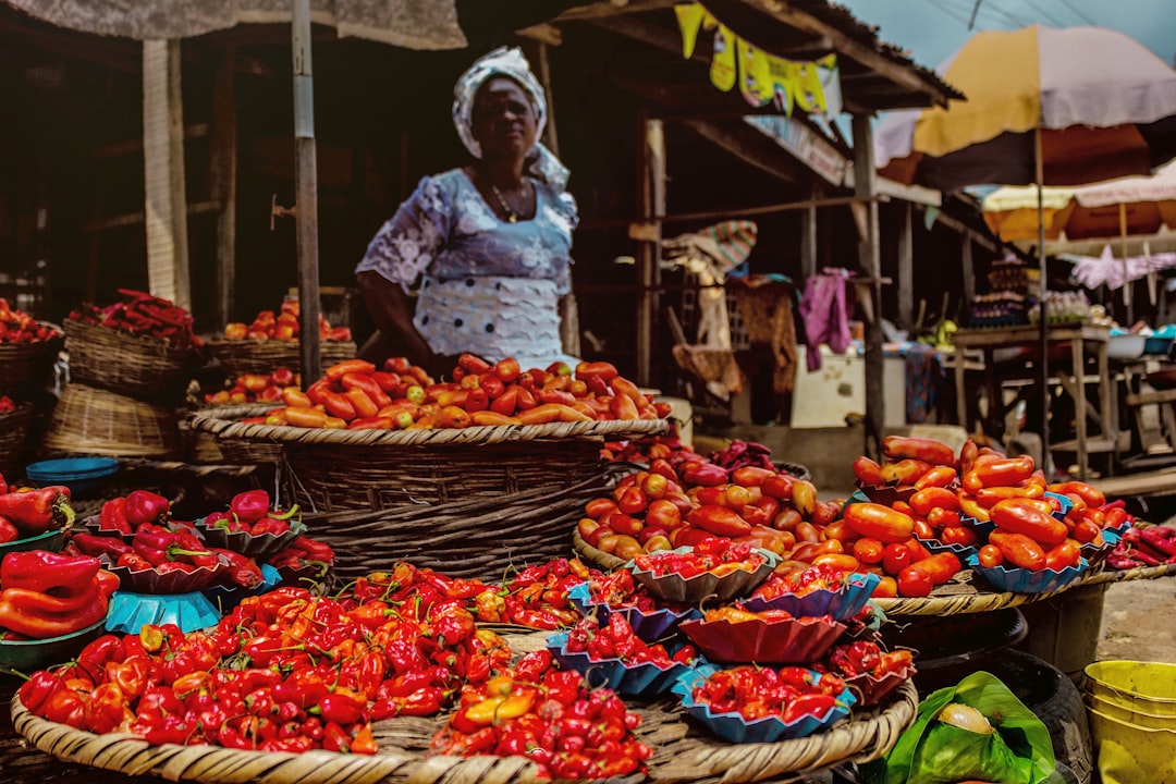 Nigerian woman selling pepper and produce at a market stall, representing the small business owners digital marketing budgets are built to serve